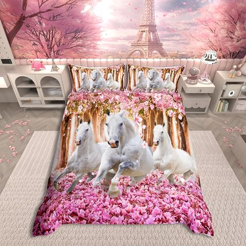 Loussiesd Horse Duvet Cover White Galloping Horse Bedding Set For Kids Boys Girls Children Pink Flowers Petal Bedding & Linen Ultra Soft Chic Wildlife Style Bedding & Linen Double Zipper
