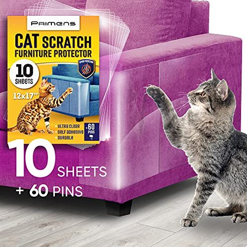 Heavy Duty Cat Scratch Deterrent Furniture Protectors for Sofa, Doors, Clear Couch Protectors from Cats Scratching, Anti Cat Scratch Tape Guards (Transparent, 10 Sheets 17x12)