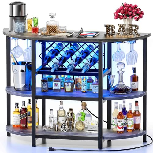 Zarler Bar Cart with Power Outlet Easy to Assemble, LED Home Bar Cabinet for Liquor, 47.3 L x 15.8 D x 36 H Metal Mini Bar Table with 4-Tier Storage, Grey