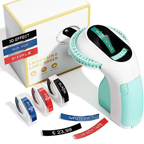 Memoking E975 Etikettiergerät - 3D Beschriftungsgerät Prägegerät mit 3 Rollen Prägegerät Etiketten, Handgerät Etikettiergerät mit Prägung, Tragbare Etikettenprägegerät für Haus, DIY (£/€, Ä, Ö, Ü)