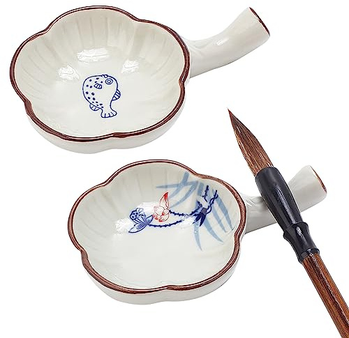 PH PandaHall Plant Ink Dish Porcelain Ink Plate with Handle Chinese Calligraphy Painting Brush Rest Holder Flower Shape Multifunctional Inks Dish for Calligraphy Sumi-e Painting Japanese Prints