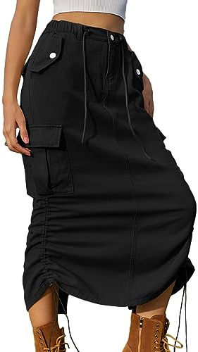 ORANDESIGNE Gonna Lunga di Jeans con Vita Elastica Donna Denim con Spacco Midi Gonna di Jeans Gonne Vintage Elegante Gonna Cargo con Tasche e Bottoni Primavera e Autunno A Nero L
