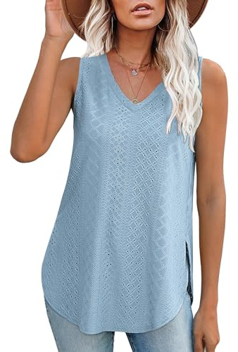Aokosor Ladies Tops for Women UK V Neck Vest Summer Sleeveless Clothes Casual Side Splits Tank Blue Size 18-20 XL