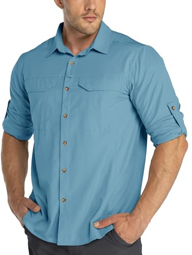 33,000ft Camicia da Uomo con Protezione UV UPF50+ a Maniche Lunghe, Camicia Traspirante con Collo a Bottoni, Camicia Sportiva per il Tempo Libero, Camicia da Pesca per Uomini, Blu, M
