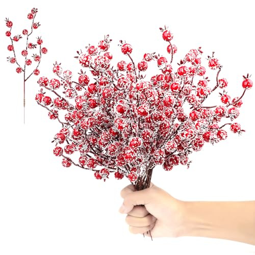 YiYa 24 Stück Rote Beere Picks Stechpalme Beeren Weihnachten Rote Beeren Künstliche Beerenstängel Schnee für Weihnachten Christbaumschmuck Kranz Hochzeit, Handwerk