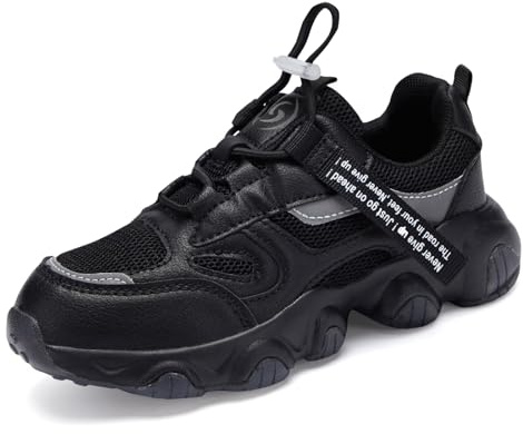 RTOUNT Boys Black Trainers for Girls School Walking Tennis Shoes for Big Kid Running Adjustable Strap Sneakers Size 1 Child