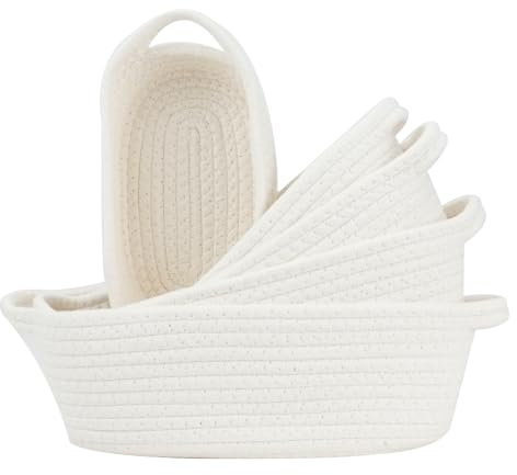 Mulaibdin 5 Pcs Storage Baskets, Cotton Rope Woven Baskets Storage Bins, Bathroom Basket for Toiletries with Handle, Toy Basket Storage Small, Fabric Storage Boxes Organizer for Shelves (White)