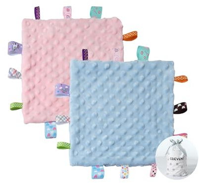 CREVENT Tag Security Blankets for Babies, Soft Small Loveys for Boys, Baby Comforter Sensory Blanket, Great Gifts for Birthday Baby Shower (24X24cm Blue + Pink Tag)