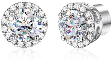GEMQUEEN Moissanite Magnetic Earrings for Men Women : Hypoallergenic 14K White Gold Plated Stainless Steel Non Piercing Fake Earrings Studs Halo Round D Color VVS1