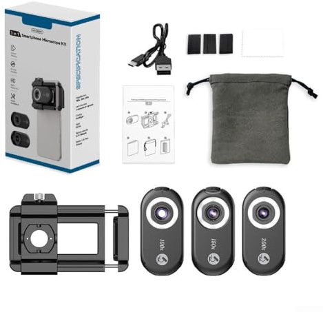 Kit de lentes de microscopio 3 en 1 para cámaras de smartphone con lentes macro de 100 x 150 x 200 x y luz LED integrada, clip de carga rápida, cable de carga tipo C, portátil (kit de lentes 3 en 1)