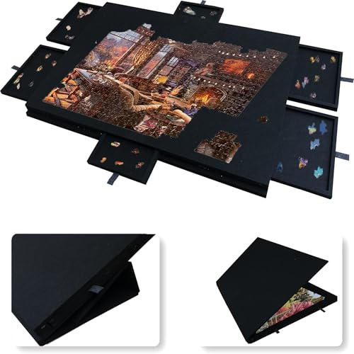 1000-bitars lutande pusselbräda med 2-i-1 designad ställning och lock, lätt filtförvaringsväska med 6 lådor för vuxna och barn Black 1000 pieces [77 × 53.6 × 4.2 cm]