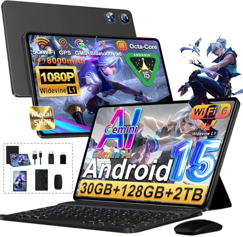 Tablet Android 15 Octa-Core 2.0GHz｜30GB RAM + 128GB ROM（Expandible 2TB ）｜8000mAh｜5G WiFi /Bluetooth 5.0｜Cámara Dual｜GMS Certificación Widevine L1｜5MP+8MP｜Tablet 10 Pulgadas con Teclado y Raton - Negro