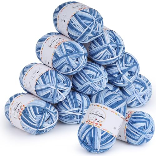 Aeelike 12x50g de Laine Crochet, Fil à Crocheter Acrylique 5 ply pour Tricot, Laine à Crocheter pour Débutants, lot de Laine à Crocheter Dégradée Douce, Laine à Tricoter épaisse pour Bébés, bleu-blanc