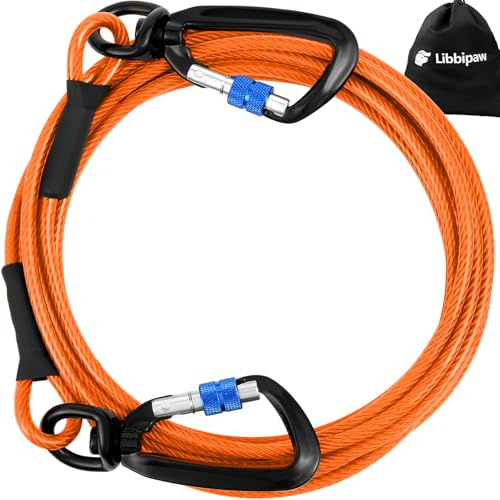 Libbipaw Cable de amarre para perros grandes, correa de perro de 4,5 m | Gancho giratorio de bloqueo, cable de acero revestido, reduce enredos, para patios, camping, playas, estancias al aire libre