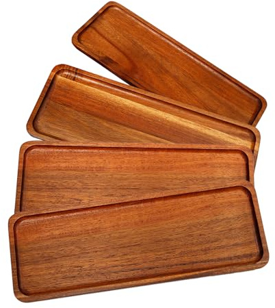 Sxutop 4 Piezas Bandejas Rectangulares de Madera de Acacia Bandeja de Madera de Natural Bandejas Decorativas Platos Rectangulares Bandeja para Servir para Postres, Platos, Café, Pan,Galletas