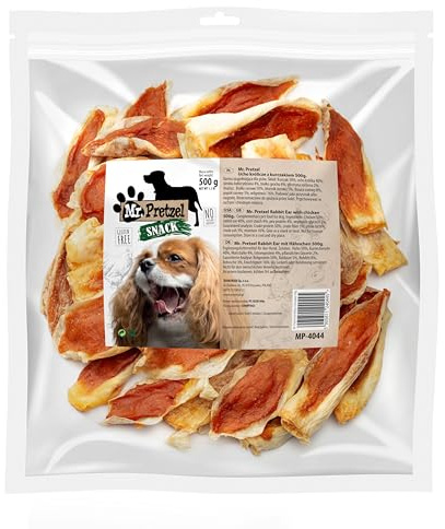 Mr. Pretzel Snack premium per cani, 500 g, orecchie di coniglio con pollo, petto di pollo ricco di proteine e senza cereali, ipoallergenico, divertimento sano da masticare e cura dei denti