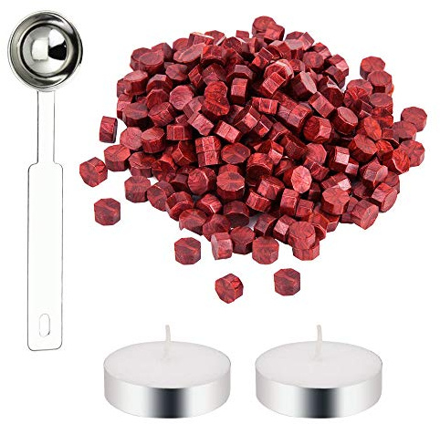 DECARETA 200 Piezas Sello de Cera para Cerrar los Sobres,Sello de Lacre con 2 Piezas de Velas y 1 Piezas de Cuchara de Fundir Cera para Invitaciones de Boda (Rojo de Vino)