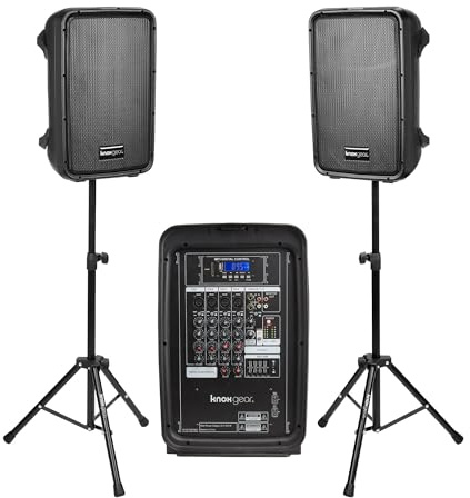 Knox Gear Dual Speaker and Mixer Set–Portable 8” 300 Watt DJ PA System with Wired Microphone & Tripod Stands, Amplifier, Bluetooth, USB, SD, 1/4” Line RCA, XLR Inputs, Ideal for a Party or Event