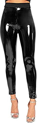 Romaans Ladies Latex Vinyl Shiny Leggings PVC PU High Waisted Stretch Wet Look Disco Womens Sexy Trousers (Black, ML