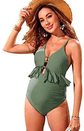 Tofern Maillots de Bain Femmes Maternité Une Pièce Bikini Réglable Dos Bondage Grossesse Maillot De Bain Col en V Vêtements De Plage