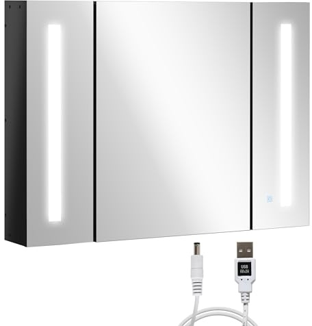 kleankin LED Bathroom Cabinet with Mirror, Wall Mounted Dimmable Brightness Storage Organiser with 3 Mirrored Doors and Adjustable Shelves, Memory Function, USB Charge, High Gloss Black