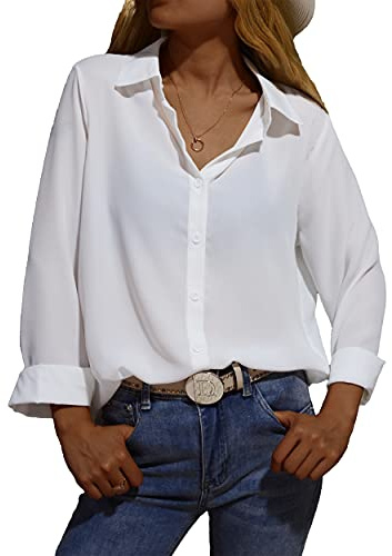 Zahala Battery Women's Button Down Shirt V-Neck Long Sleeve Chiffon Office Business Shirt Casual Blouse Tops for Ladies(White,M)