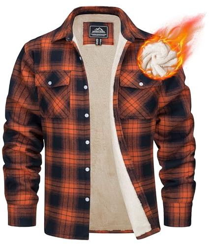 MAGCOMSEN Veste d'hiver pour homme - Doublée - Veste thermique à carreaux - Chemise de loisirs avec plusieurs poches - En coton - Chaude, Orange, L