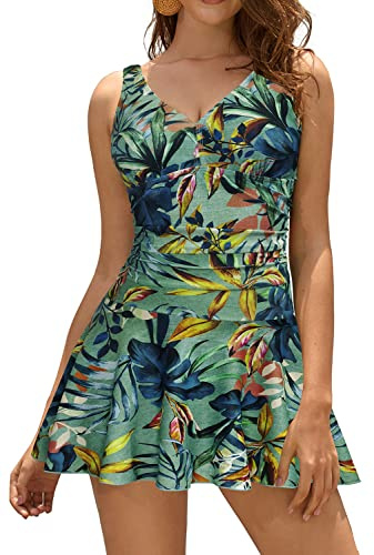 SHEKINI Mujer Bañador con Falda Traje de Baño Retro Cuello de V Acolchado Ruched Control Abdomen Halter Traje de Baño de Una Pieza Tankinni Deportivo(M, Verde - Hojas)