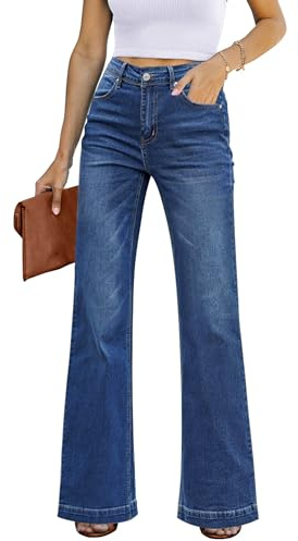 luvamia Jeans acampanados de cintura alta para mujer, pierna ancha, elásticos, holgados, azul oscuro, XL