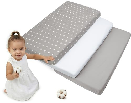 Medi Partners Drap Housse 60x120Lot de 3Draps lit Bebe Enfant Bébé-100% Coton Fitted Draps Lit pour Baby Bed Cover Sheets Matela literie Mattress Couette(Étoiles Blanches sur Fond Gris-Blanc-Gris)