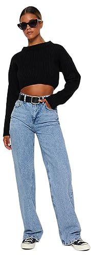 TRENDYOL Vaqueros de Cintura Alta Recta de Pierna Ancha para Mujer Jeans, Azul Claro, 38