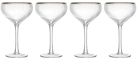 MIKASA Sorrento Ridged Crystal Coupe Glasses with Gold Rim and Wide Shape, 380ml, Set of 4 Lead-Free, Clear Fine Glasses, Sleek Design for Celebrations