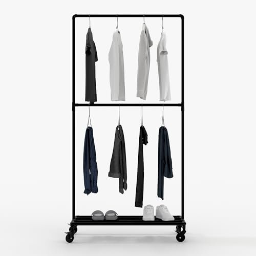 pamo Kleiderständer auf Rollen – Industrial Design Kleiderstange freistehend 102 x 192 cm – Offener Kleiderschrank & Garderobenständer Metall für Schlafzimmer, Flur & Ankleidezimmer