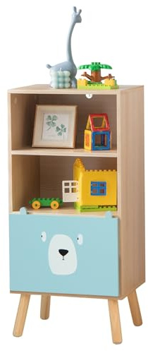 GOPLUS Estantería infantil con 2 compartimentos y 1 cajón, con patas de madera de pino y bloqueo antivuelco, estantería de juguetes con dibujos animados para sala de estar y habitación de los niños,