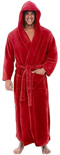 liaddkv Peignoir long en polaire éponge pour homme - Peignoir avec ceinture - Vêtement de nuit moelleux - Manteau de sauna bicolore - Bloc de couleurs - Kimono d'hiver douillet - Avec poche, rouge,