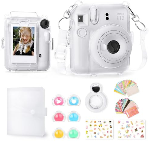 Rieibi Accessoires pour Fujifilm Instax 12, ensemble cadeau comprenant un étui transparent avec sangle, un mini album photo, un miroir selfie, des autocollants DIY, un filtre couleur (sans appareil
