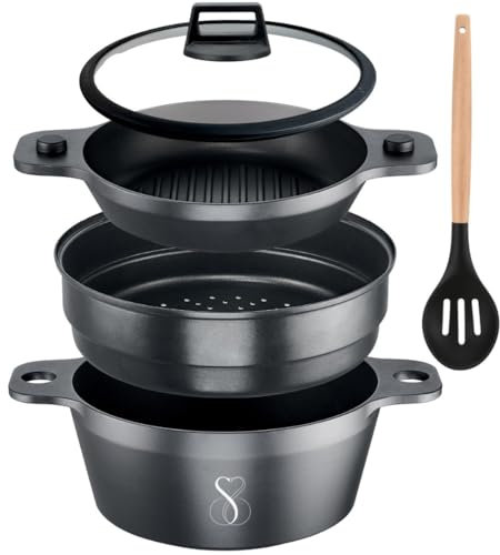 Induktionskochset 24 cm | Dampfgarer + Grillpfanne + Dampfgarer für Lebensmittel mit 3 Ebenen stapelbar + Deckel aus gehärtetem Glas + Löffel