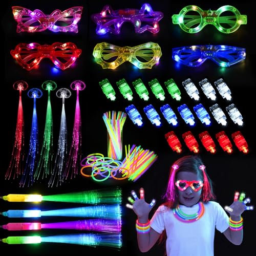 LURICO 85 Stück Knicklichter Party Set, Partyzubehör für Kinder mit 50 Glow Sticks,4 Leuchtstab Glasfaser,6 LED Partybrille und 5 Haarlicht,20 Fingerlampe für Glow Party, Halloween und Geburtstag