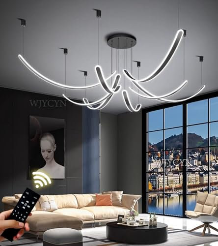 LED dimmable large living room ceiling lights black arch design pendant light&pendant light large bedroom lights With remote control modern chandelier villa salon living room loft (L40cm*4+L60cm*4)