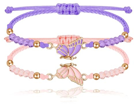 Nayyana 2 pulseras BFF a juego, hebra ajustable, pulsera de abalorios hecha a mano, pulseras de la amistad, joyas, regalos, color blanco y rosa, L, Aleación de zinc, cuerda