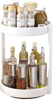 JOUING Lazy Susan Turntable Rotating Spice Rack 2 Tier Kitchen Storage Cupboard Organiser Metal Removing Spice Racks for Cabinet Pantry,Table,Bathroom(White, 2 Tiers)