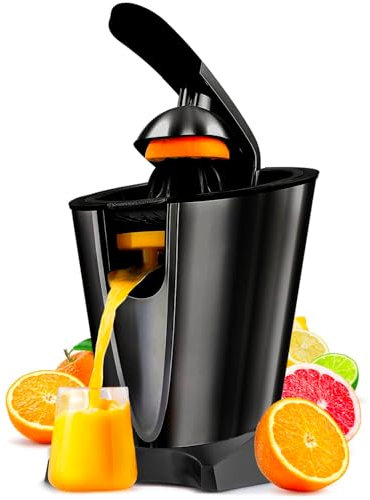Avilia Exprimidor eléctrico de acero inoxidable con palanca automática ergonómica de 650 W, color negro. Cómodos conos intercambiables para exprimir cítricos en diferentes tamaños – Protección
