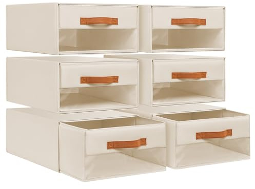 DIMJ Wardrobe Storage Drawer Organiser - 6 Pack Fabric Stackable Baskets for Clothes Organization, Foldable Closet Organisers with Clear Window for Bras, Underwear,Socks,Bedroom, Beige