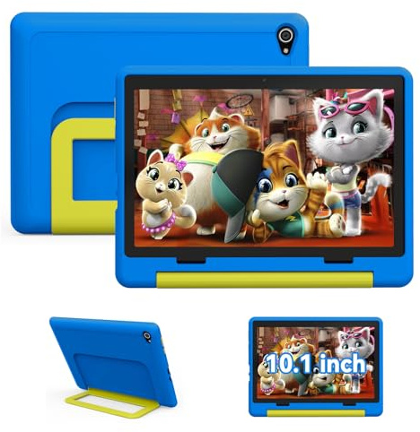 Vekoy Tablet Bambini 10 Pollici Android 14 Display HD 1280x800 Batteria 5000mAh 8+64GB Espandibile a 1TB Doppia Fotocamera 5+8MP Custodia Protettiva + 3 Adesivi DIY (Blu)