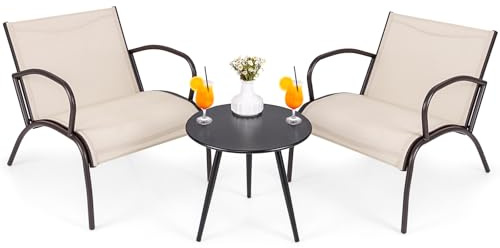 COSTWAY Ensemble de Meubles 3 Pièces d'Extérieur, Salon de Jardin Fauteuils et Table en Aluminium Métal avec Siège Incurvé en Tissu, pour Jardin, Patio, Bord de la Piscine