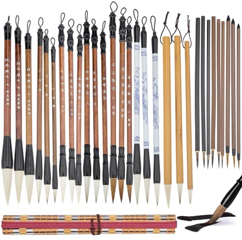 DELORIGIN 30 Stück Chinesisches Kalligraphie Pinsel Set Zum Schreiben Malen Aquarell Tintenpinsel Mit Aufrollbarem Bambus Pinselhalter Für Kalligraphie Liebhaber Geschenk Für Anfänger
