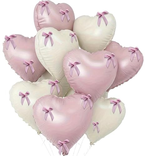 Pink Balloons, Helium, Heart Balloons with Bow - HSC 10Pcs 18Inch Pink and White Heart Foil Balloon for Wedding, Engagement, Birthday, Baby Shower Decorations