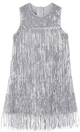 Miipat Vestido con Lentejuelas y Borlas para Niñas, Brillantes Carnaval Vestido con Pailletas Sin Mangas Vintage 20's Vestidos con Flecos Flapper de Fiesta
