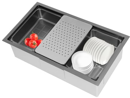 Lavello da cucina in acciaio inox ad angolo retto, 1 vasca, con tagliere, lavandino di ricambio, per cucina, caffetterie, ristoranti, 76 x 45,8 x 22 cm (nero)