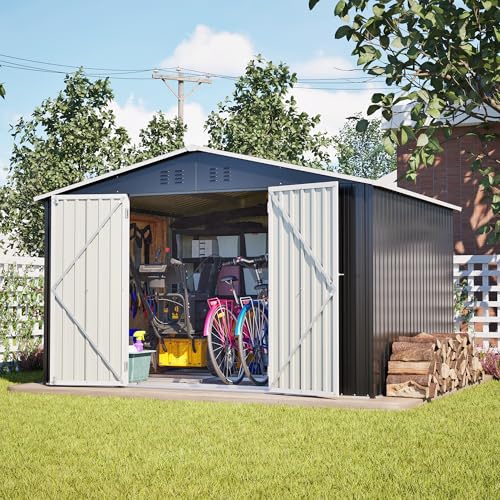Fppuueg Cobertizo de Jardín Exterior 6.91 m² 300x252x191 cm, Cobertizo de Almacenamiento con Techo Inclinado, Metálico Caseta de Jardín con Puerta y Ventilación, Casa de Herramientas, Negro
